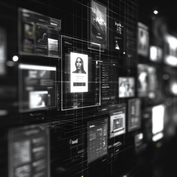 A futuristic UI/UX workspace with floating website wireframes and interface elements in 3D space, dark background, black and white cinematic lighting, glowing grids, minimal human presence, focus on structure and systems, depth of field, ultra-realistic, high contrast, premium tech aesthetic, 16:9 --v 7 Job ID: 491bf697-dab1-412d-9ccb-0ce830e6a8a5
