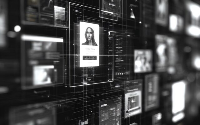 A futuristic UI/UX workspace with floating website wireframes and interface elements in 3D space, dark background, black and white cinematic lighting, glowing grids, minimal human presence, focus on structure and systems, depth of field, ultra-realistic, high contrast, premium tech aesthetic, 16:9 --v 7 Job ID: 491bf697-dab1-412d-9ccb-0ce830e6a8a5